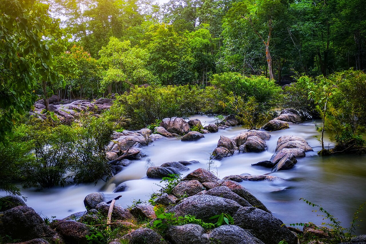 A long-exposure photograph of a river with milky, flowing water cascading over smooth, dark boulders, surrounded by the lush green trees of a forest in Ratchaburi, Thailand.