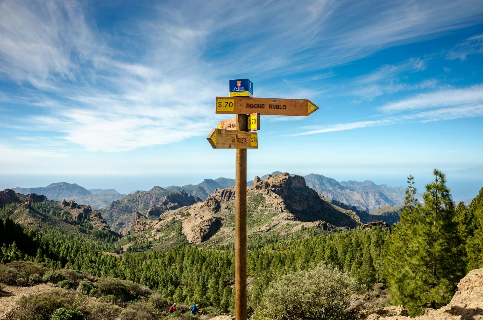 Roque Nublo peaking out through clouds.