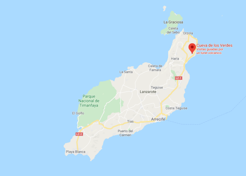 Map of Lanzarote, showing Cueva de los Verdes location